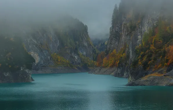 Autumn, trees, mountains, fog, lake, rocks