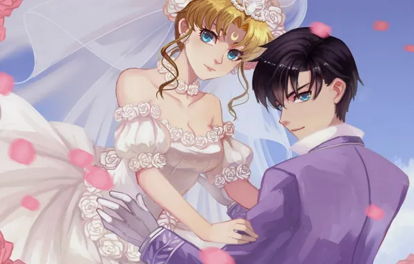 Girl, romance, anime, art, pair, guy, wedding, Sailor Moon