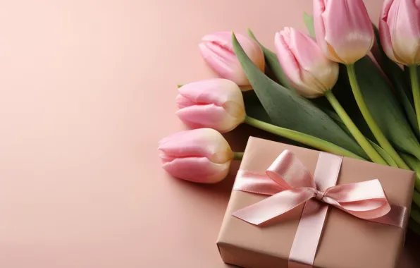 Flowers, pink, box, gift, bouquet, spring, Easter, tulips