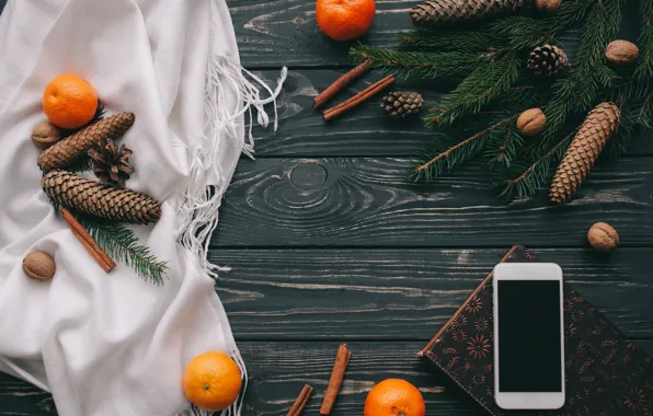 Decoration, New Year, Christmas, Christmas, wood, New Year, tangerines, decoration