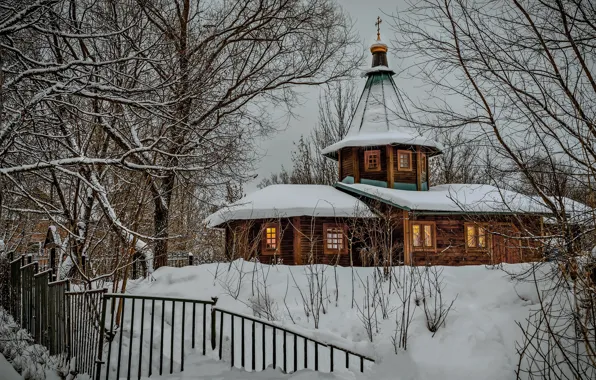 Picture winter, snow, trees, landscape, nature, the fence, Church, Vyacheslav Biryukov