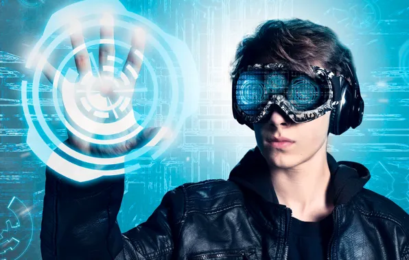Information, face, hand, data, technology, headphones, glasses, figures