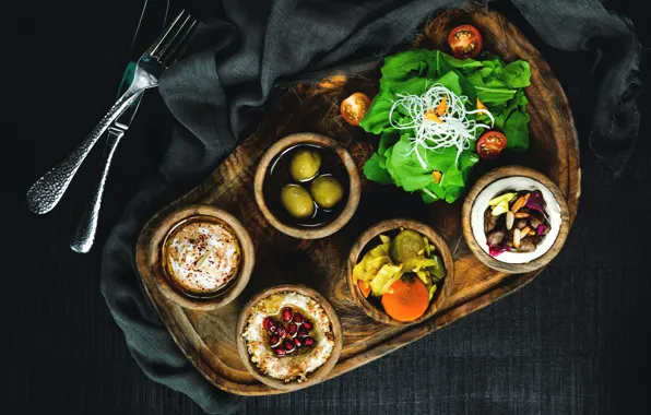 Greens, the dark background, food, knife, fabric, plug, tomatoes, olives