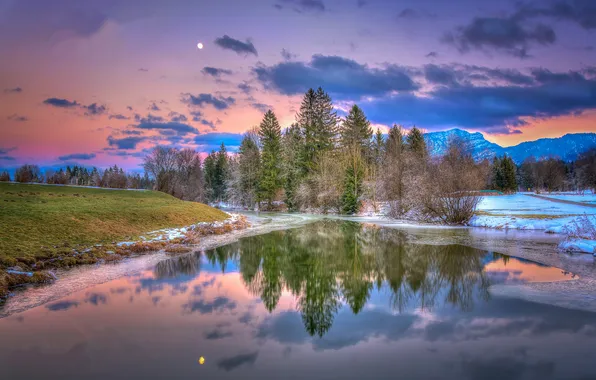 Picture the sky, clouds, trees, sunset, mountains, lake, reflection, the moon