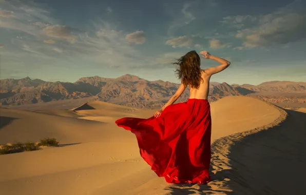 Sand, girl, desert, skirt, the situation