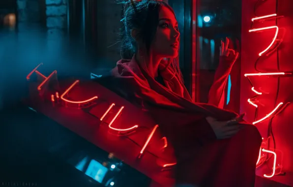 Look, girl, night, the city, lights, pose, street, lighting