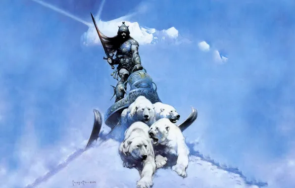 Snow, Warrior, Polar bears, Sleigh, Frank Frazetta
