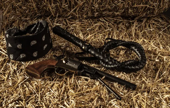 Pistol, revolver, hay, whip, bandana