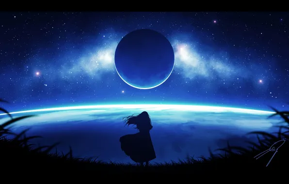 Stars, the moon, one, silhouette, girl, girl, moon, One