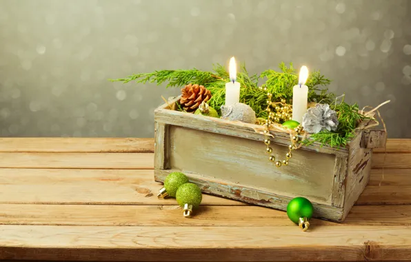 Branches, lights, glare, table, background, holiday, balls, toy