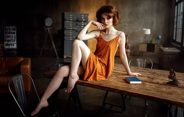 Girl, pose, photo, table, model, brown hair, legs, beauty