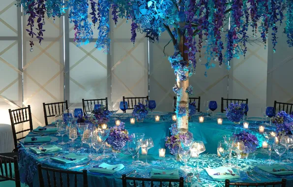 Flowers, glasses, dishes, restaurant, table, lilac, Cutlery, blue color