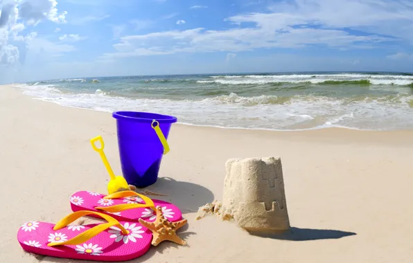 Picture beach, sea, sand, bucket, sand Castle, scoop