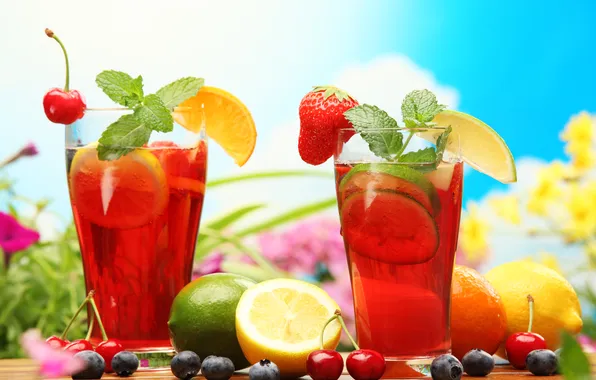 Picture lemon, blueberries, strawberry, lime, cherry, fruit drink