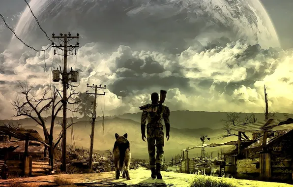 Road, mountains, landscape, people, dog, Fallout 3