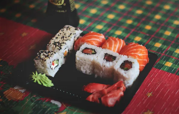 Fish, figure, rolls, wasabi