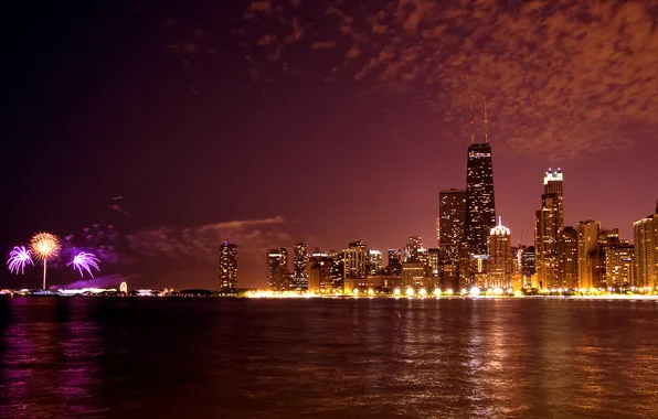 Night, lights, Chicago, panorama, USA, fireworks, Illinois