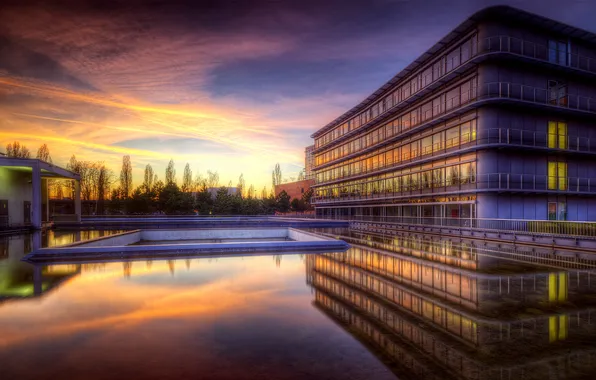 Picture the sky, sunset, reflection, the building, the evening, pool, smooth