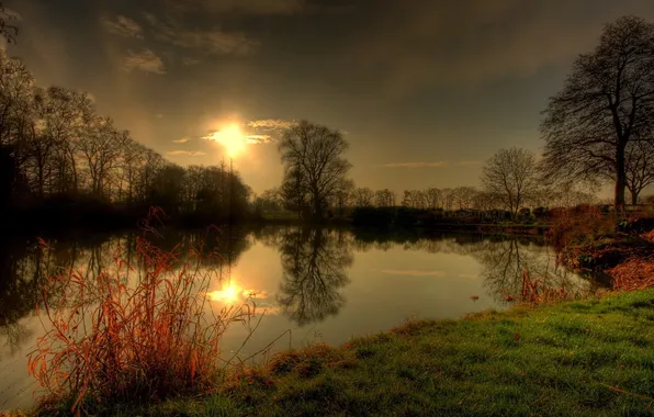 Picture clouds, trees, sunset, nature, lake, glare, haze