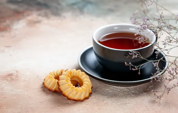 Picture flowers, ham, tea, Cup, cookies