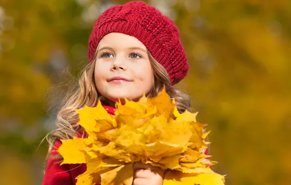 Picture autumn, look, leaves, blonde, girl, takes, gray-eyed