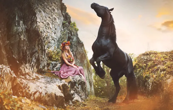 The sky, girl, flowers, rocks, horse, woman, horse, dress