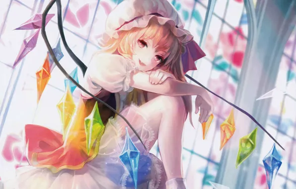 Wings, window, stained glass, crystals, sitting, cap, touhou, ruffles