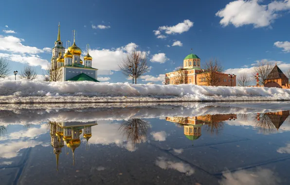 Picture water, snow, landscape, the city, reflection, spring, temple, The Kremlin