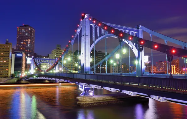 Picture the sky, night, bridge, lights, river, building, home, skyscrapers