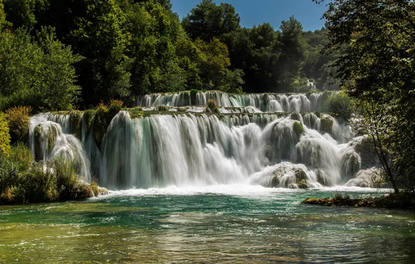 Picture forest, trees, river, waterfall, Sunny, Croatia, Krka National Park