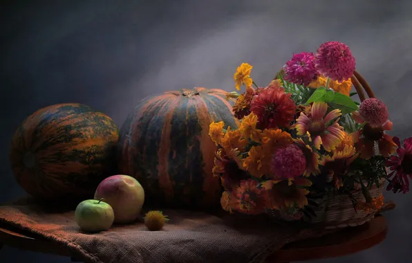 Flowers, basket, apples, fruit, pumpkin, fruit, still life, vegetables