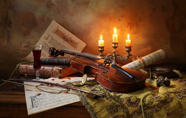 Notes, wine, violin, books, candles, bow, Still life with violin and candles
