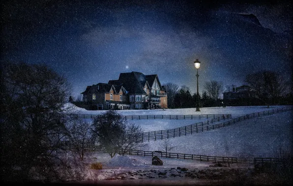 Picture snow, night, house, treatment, lantern