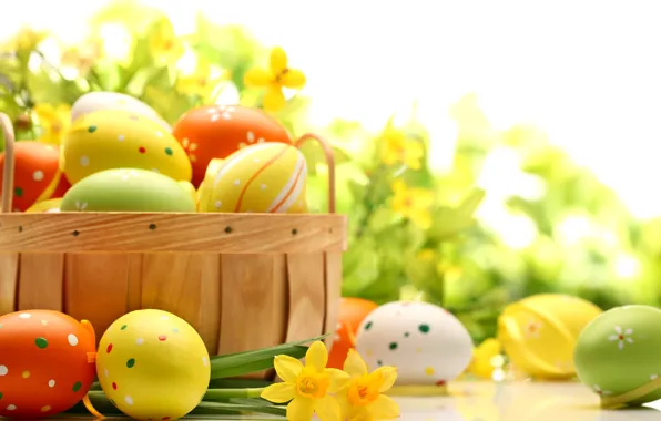 Flowers, table, holiday, basket, eggs, spring, yellow, green
