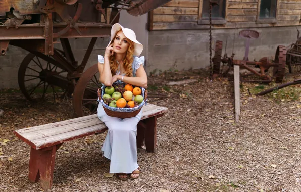 Picture look, girl, bench, hat, dress, fruit, basket, redhead