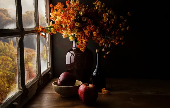 Picture autumn, glass, light, flowers, the dark background, table, wall, apples