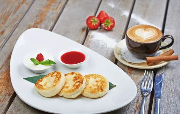 Coffee, strawberry, jam, cheesecakes