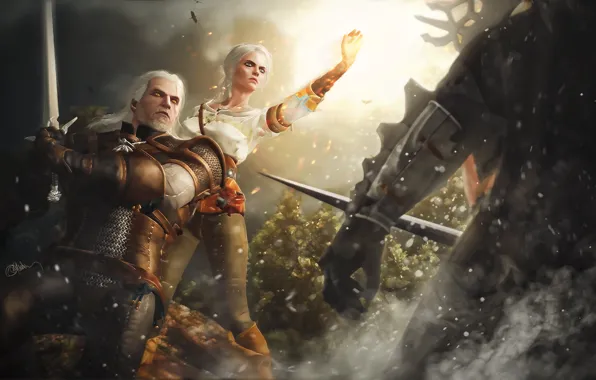 Picture sword, art, battle, fight, The Witcher, The Witcher, art, Geralt