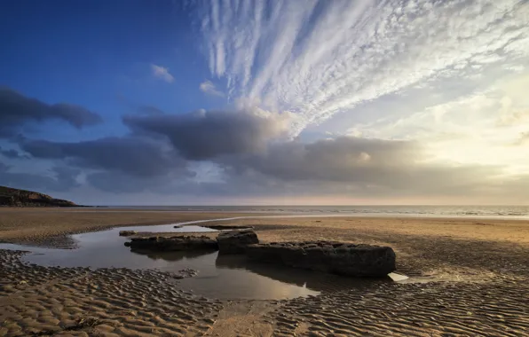 Picture sand, sea, the sky, clouds, coast, horizon, UK, Wales