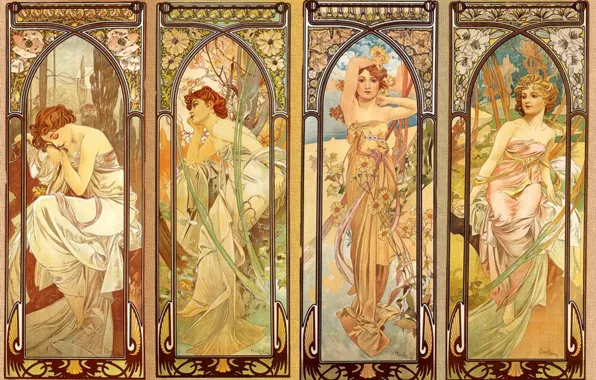 Picture mural, composition, floral ornament, nymphs, female images, Alphonse Mucha, Alfons Maria Mucha, 4 girls