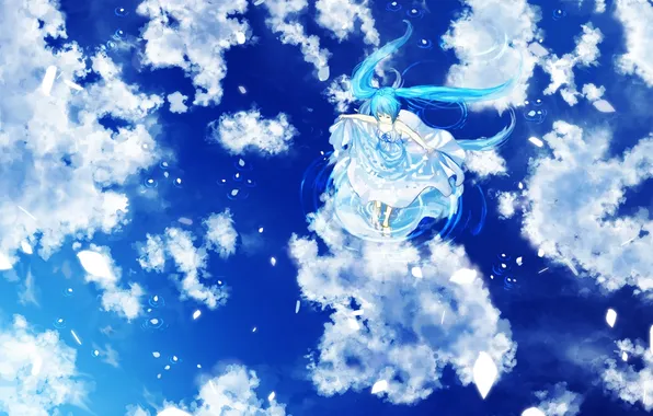 Picture the sky, water, girl, clouds, reflection, anime, art, vocaloid
