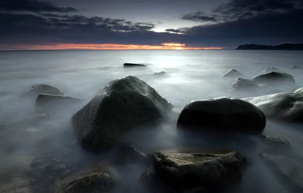 Picture sea, night, stones