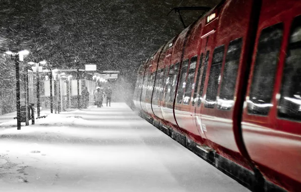 People, train, Winter, Blizzard