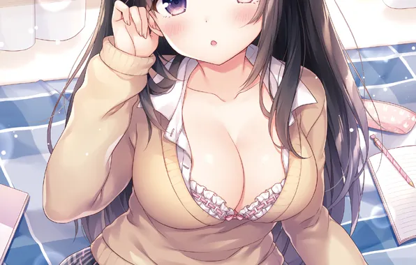 Girl, sexy, long hair, boobs, anime, beautiful, pretty, brunette