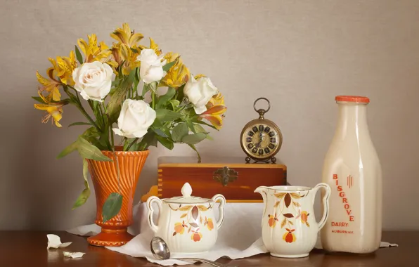 Flowers, watch, roses, bouquet, dishes, Alstroemeria