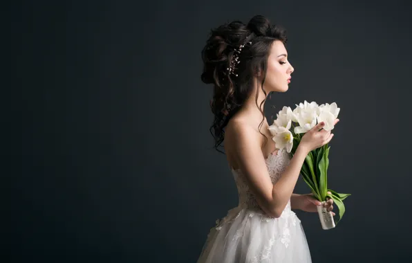 Girl, flowers, pose, the dark background, white, bouquet, hands, makeup