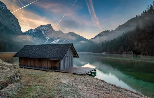 Mountains, Alps, house, pond