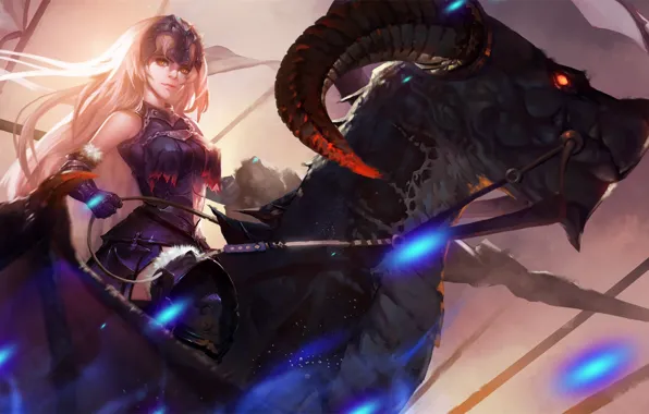 Girl, fantasy, horns, armor, anime, red eyes, rider, dragon