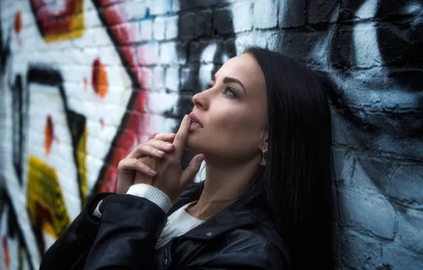 Picture pose, graffiti, model, portrait, brick, makeup, brunette, jacket