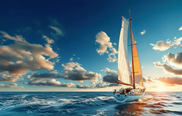 Sea, wave, the sky, water, clouds, blue, boat, sail